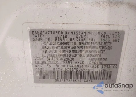 2019 Nissan Sentra Sv z USA, uszkodzony, nr VIN 3N1AB7AP8KY246891